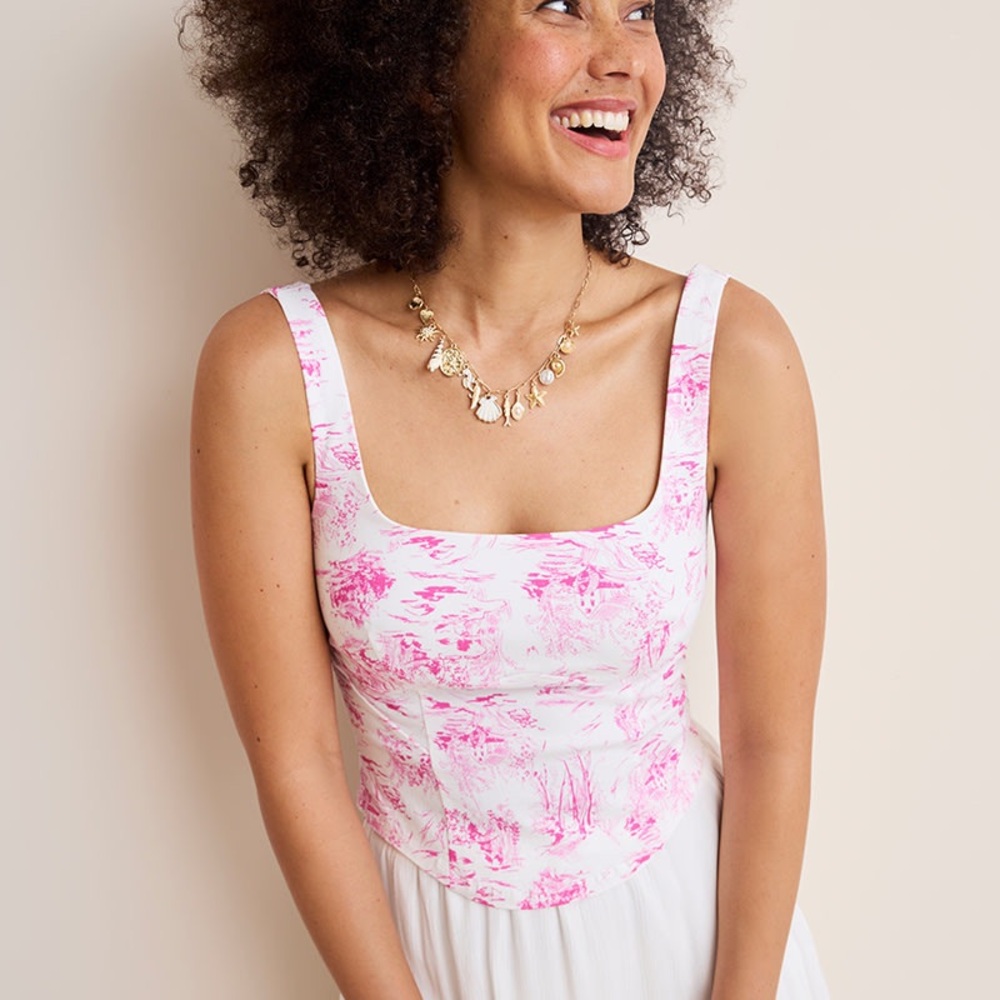 Francesca’s pink and white toile corset tank